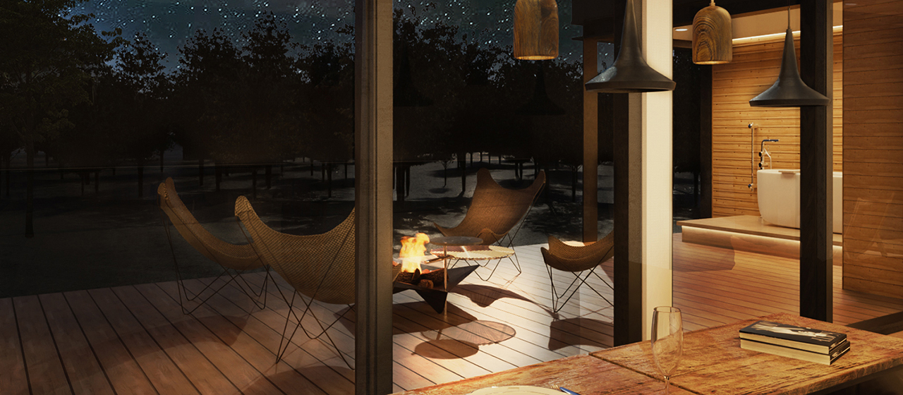 アウトドアリビングでキャンプファイヤー