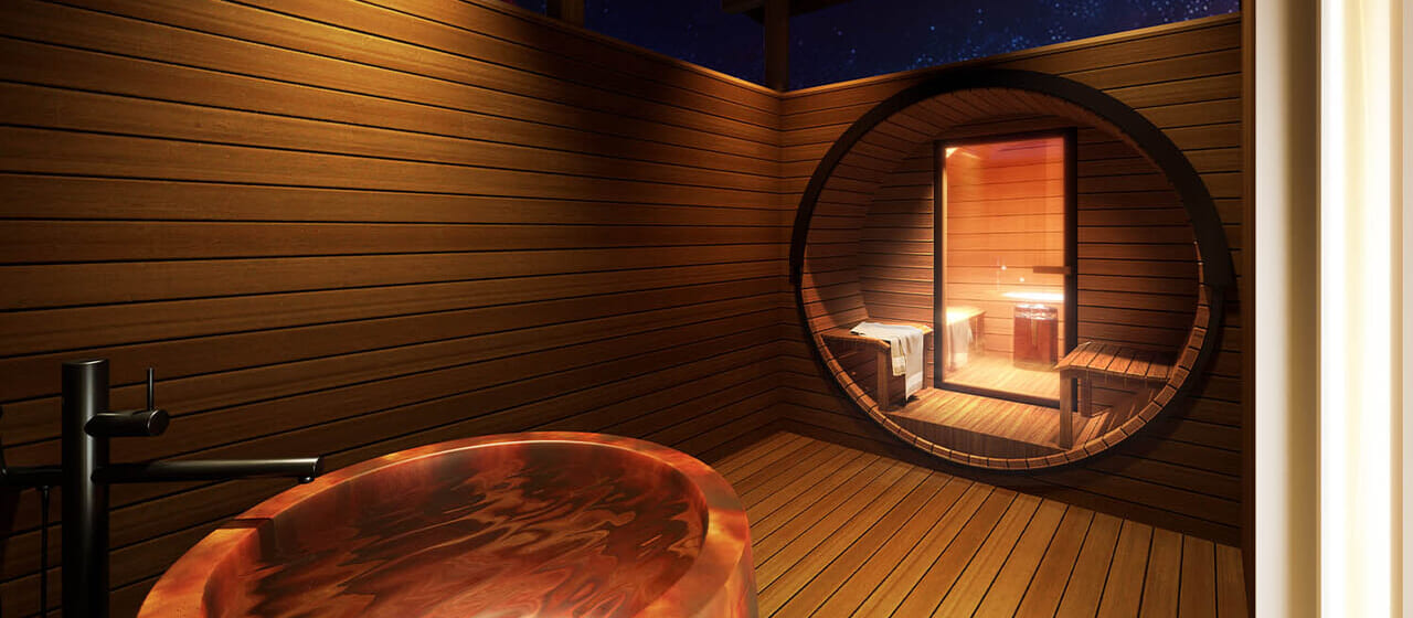 各棟に備えられた、バレルサウナ＆天然客室温泉